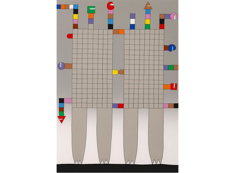 《ふたつのぐれいのあみめから》1985年、シルクスクリーン、650×450mm